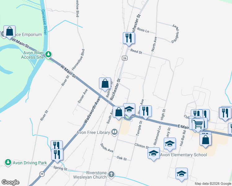 map of restaurants, bars, coffee shops, grocery stores, and more near 77 Cemetery Street in Avon