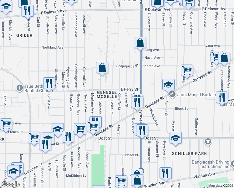 map of restaurants, bars, coffee shops, grocery stores, and more near 73 Leslie Street in Buffalo