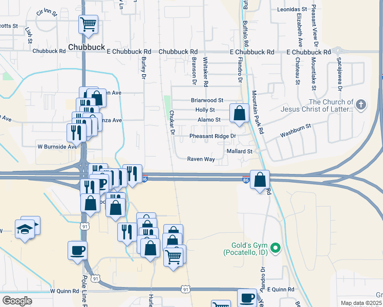 map of restaurants, bars, coffee shops, grocery stores, and more near 444 Raven Way in Chubbuck