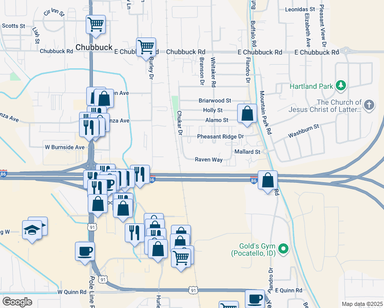map of restaurants, bars, coffee shops, grocery stores, and more near 444 Raven Way in Chubbuck