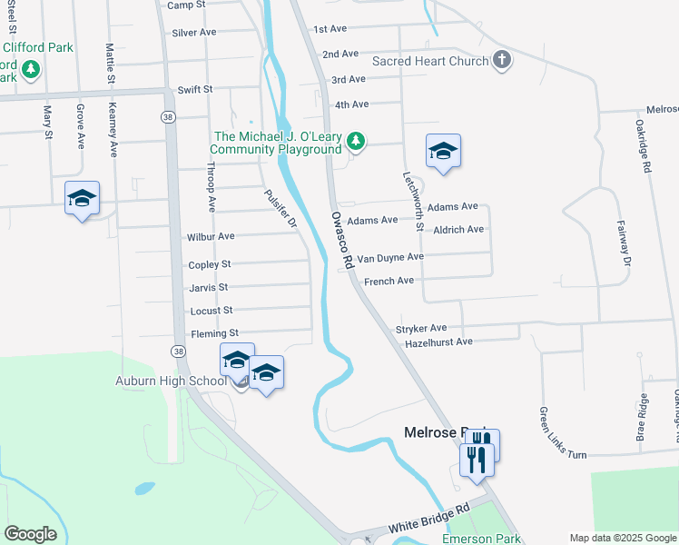 map of restaurants, bars, coffee shops, grocery stores, and more near 7105 Owasco Road in Auburn