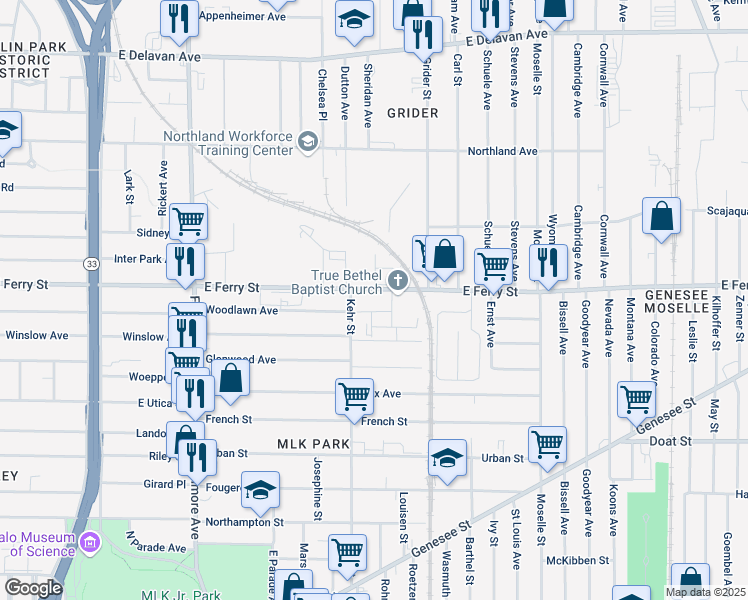 map of restaurants, bars, coffee shops, grocery stores, and more near 582 Winslow Avenue in Buffalo