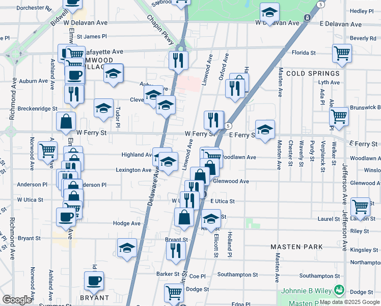 map of restaurants, bars, coffee shops, grocery stores, and more near 409 Linwood Avenue in Buffalo
