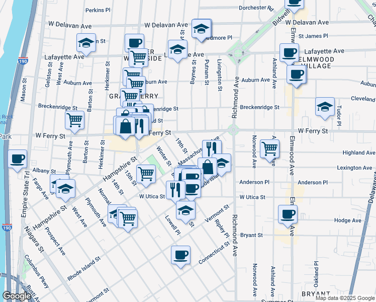 map of restaurants, bars, coffee shops, grocery stores, and more near 429 Massachusetts Avenue in Buffalo