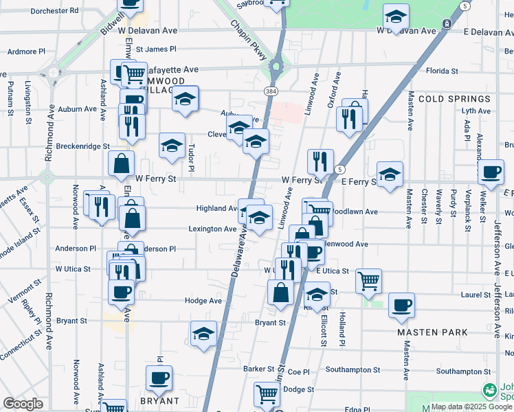 map of restaurants, bars, coffee shops, grocery stores, and more near 1115 Delaware Avenue in Buffalo