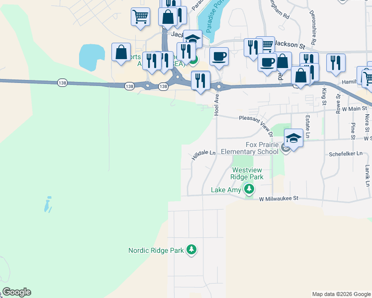 map of restaurants, bars, coffee shops, grocery stores, and more near 2217 Hilldale Circle in Stoughton