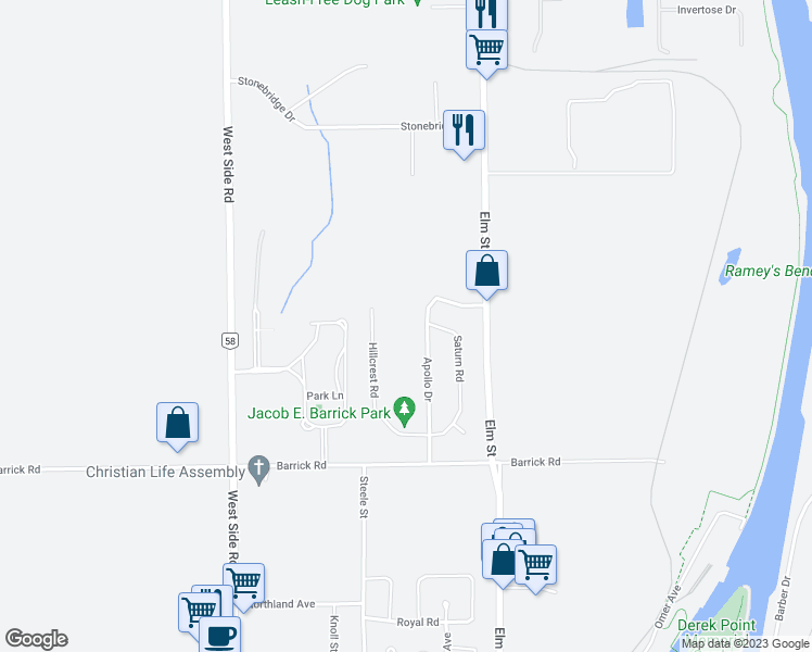 map of restaurants, bars, coffee shops, grocery stores, and more near 25 Oriole Crescent in Port Colborne