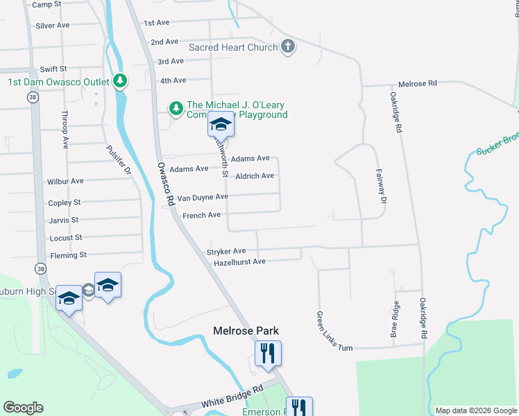 map of restaurants, bars, coffee shops, grocery stores, and more near 55 French Avenue in Auburn