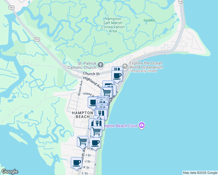 map of restaurants, bars, coffee shops, grocery stores, and more near in Hampton