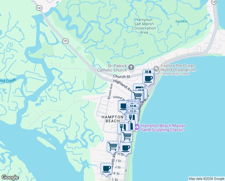 map of restaurants, bars, coffee shops, grocery stores, and more near 54 Nudd Avenue in Hampton