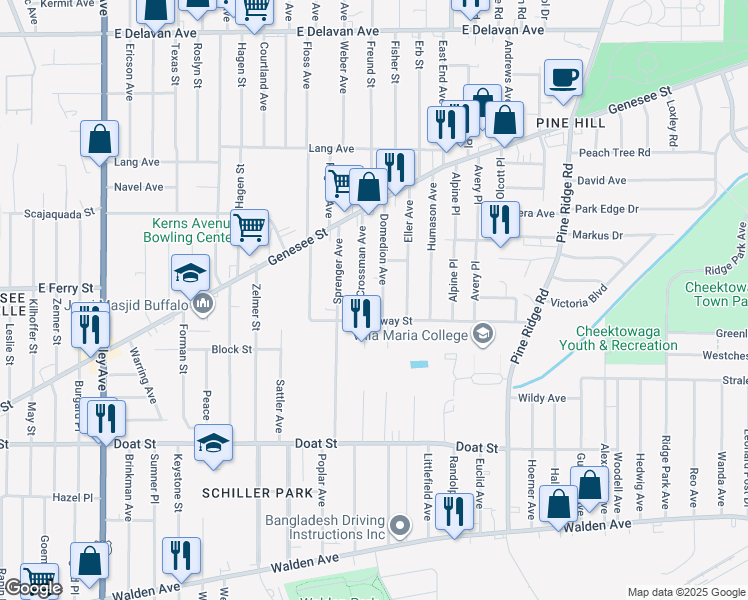 map of restaurants, bars, coffee shops, grocery stores, and more near 47 Crossman Avenue in Buffalo