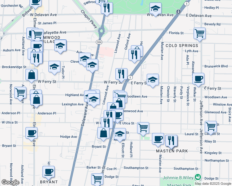 map of restaurants, bars, coffee shops, grocery stores, and more near 1514 Main Street in Buffalo