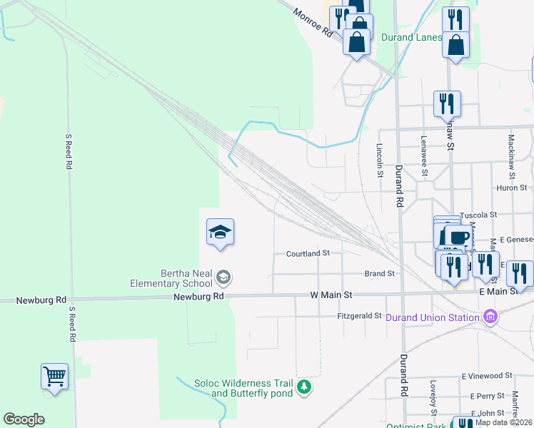 map of restaurants, bars, coffee shops, grocery stores, and more near Brookfield Street in Durand