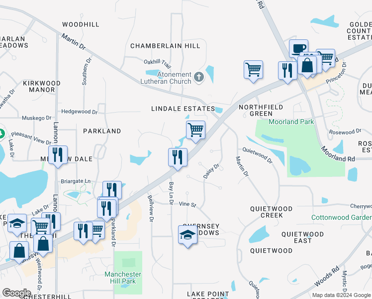 map of restaurants, bars, coffee shops, grocery stores, and more near S71W16222 Janesville Road in Muskego