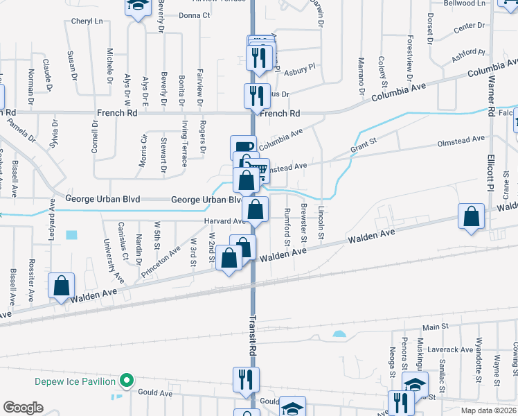 map of restaurants, bars, coffee shops, grocery stores, and more near 98 Tyler Street in Depew
