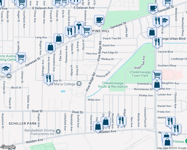 map of restaurants, bars, coffee shops, grocery stores, and more near Pine Ridge Road & Victoria Boulevard in Buffalo