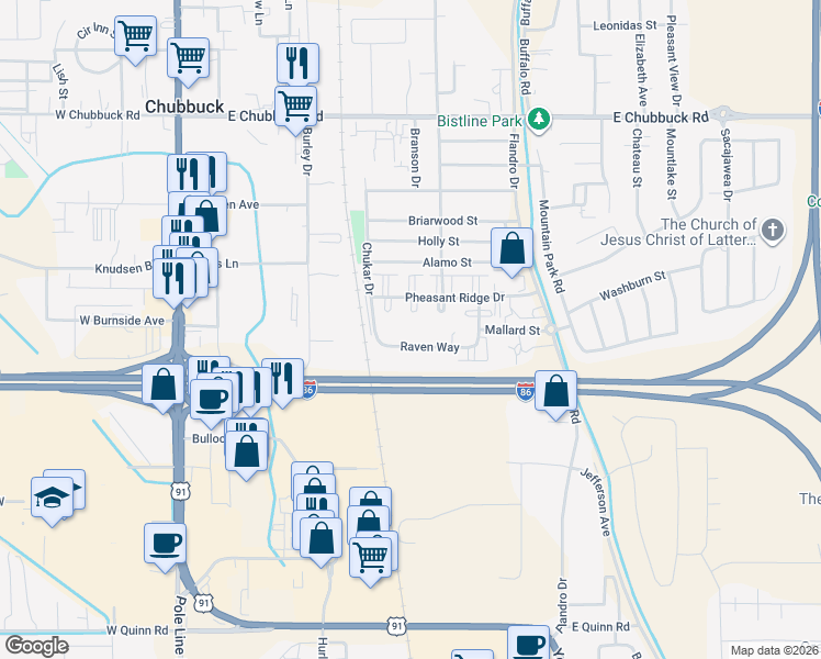 map of restaurants, bars, coffee shops, grocery stores, and more near 501 Pheasant Ridge Drive in Pocatello