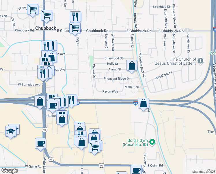 map of restaurants, bars, coffee shops, grocery stores, and more near 484 Raven Way in Pocatello