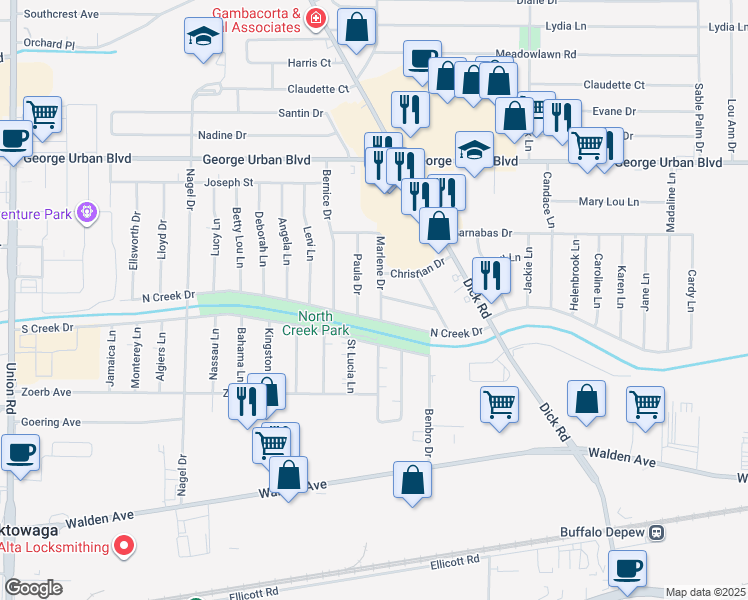 map of restaurants, bars, coffee shops, grocery stores, and more near 76 Marlene Drive in Buffalo