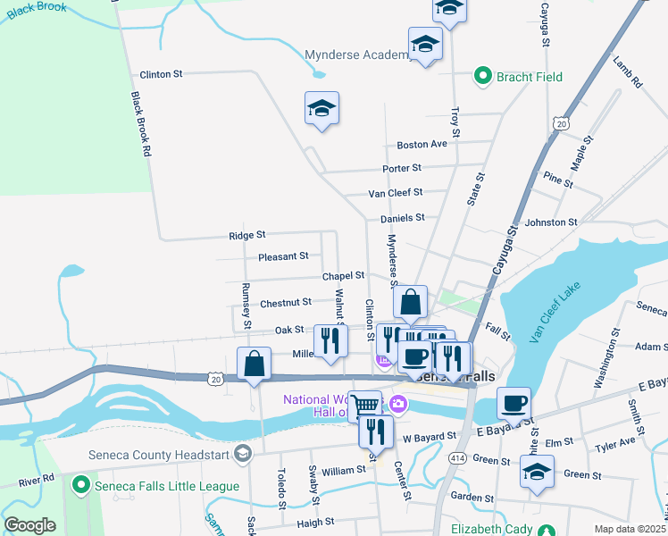 map of restaurants, bars, coffee shops, grocery stores, and more near 4 Laws Lane in Seneca Falls