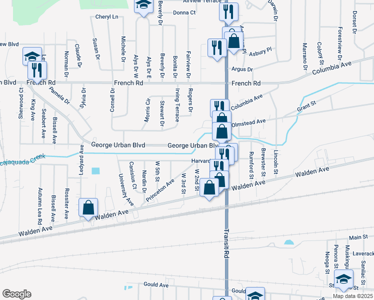 map of restaurants, bars, coffee shops, grocery stores, and more near 3070 George Urban Boulevard in Depew