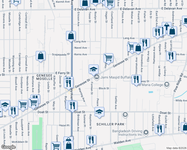 map of restaurants, bars, coffee shops, grocery stores, and more near 26 Roslyn Street in Buffalo