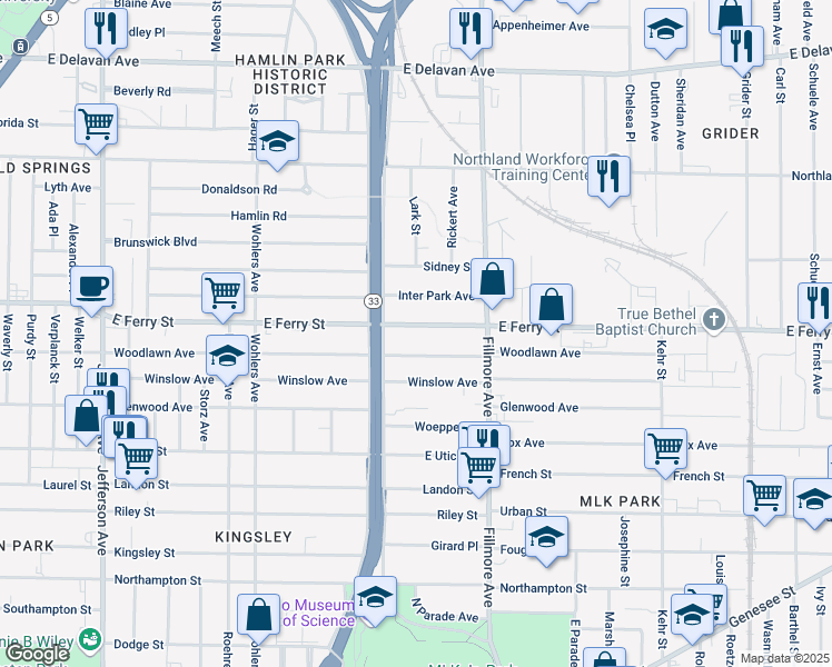 map of restaurants, bars, coffee shops, grocery stores, and more near 624 East Ferry Street in Buffalo