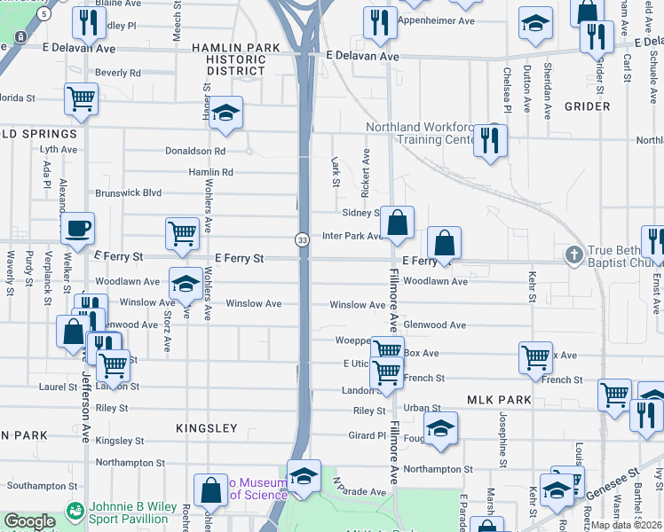 map of restaurants, bars, coffee shops, grocery stores, and more near 624 East Ferry Street in Buffalo