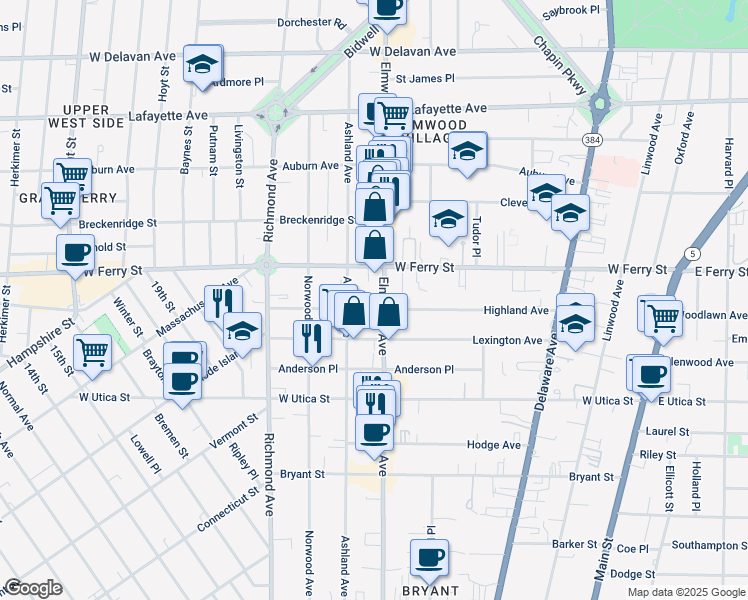 map of restaurants, bars, coffee shops, grocery stores, and more near in Buffalo