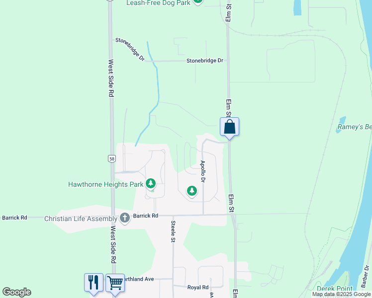 map of restaurants, bars, coffee shops, grocery stores, and more near 58 Oriole Crescent in Port Colborne
