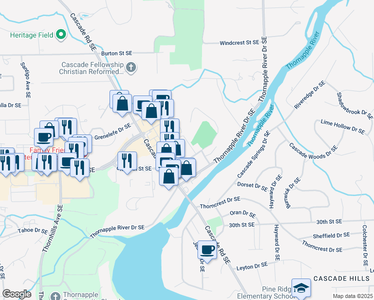 map of restaurants, bars, coffee shops, grocery stores, and more near 6881 Old Village Court Southeast in Grand Rapids