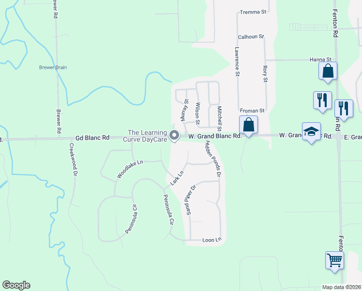 map of restaurants, bars, coffee shops, grocery stores, and more near 1000 Murray Street in Grand Blanc