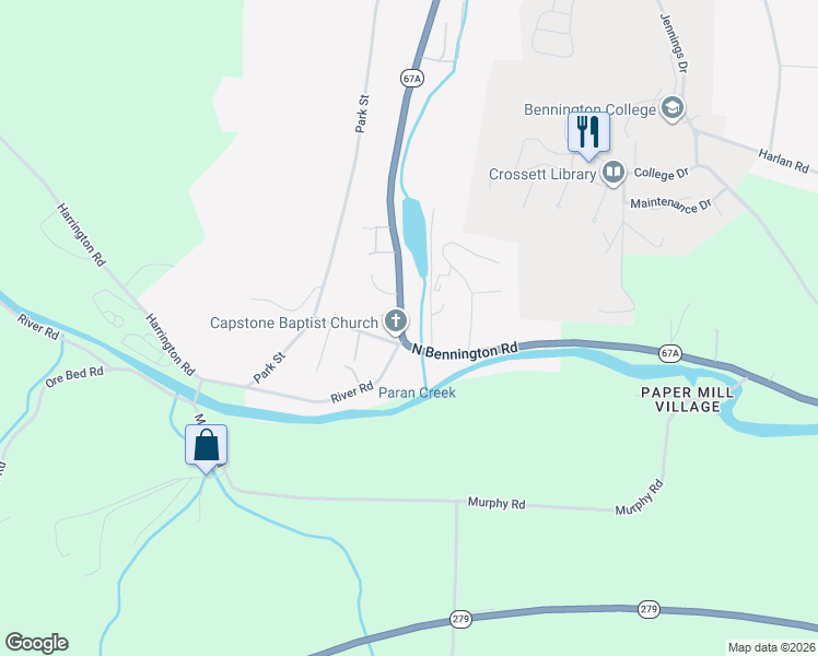 map of restaurants, bars, coffee shops, grocery stores, and more near 1030 Water Street in Bennington