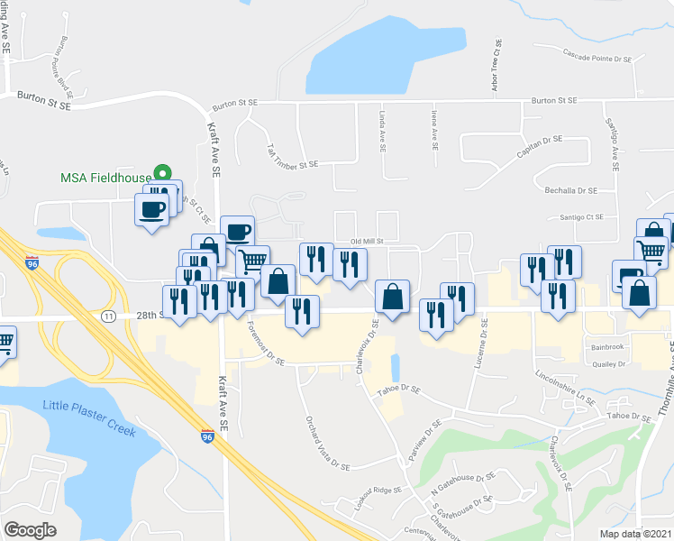 map of restaurants, bars, coffee shops, grocery stores, and more near 5901 28th Street Southeast in Grand Rapids