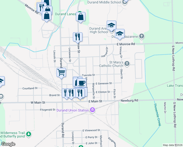 map of restaurants, bars, coffee shops, grocery stores, and more near 406 Marquette Street in Durand