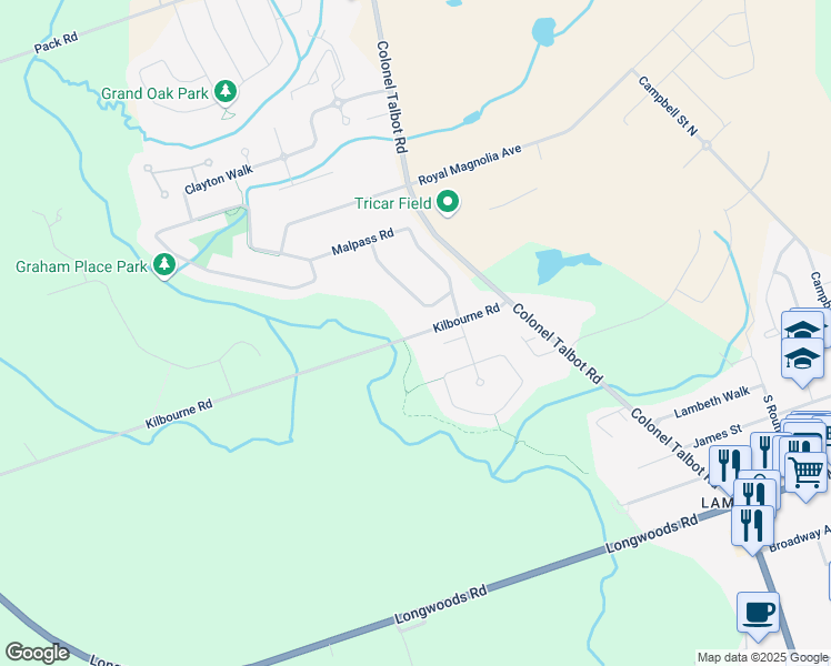 map of restaurants, bars, coffee shops, grocery stores, and more near 7098 Kilbourne Road in London