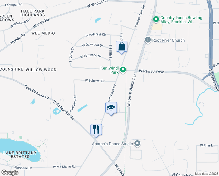 map of restaurants, bars, coffee shops, grocery stores, and more near 11725 West Scherrei Drive in Franklin