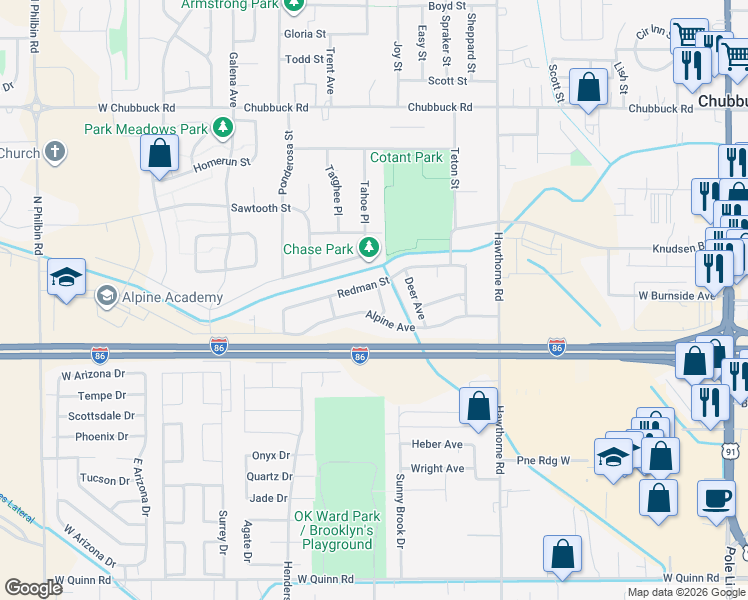 map of restaurants, bars, coffee shops, grocery stores, and more near 740 Redman Street in Pocatello