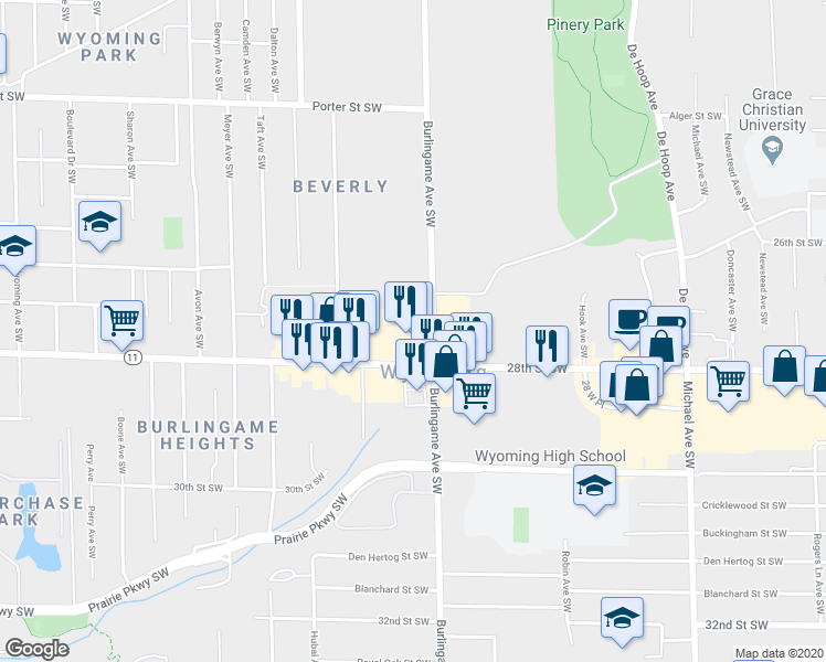 map of restaurants, bars, coffee shops, grocery stores, and more near 1633 28th Street Southwest in Wyoming