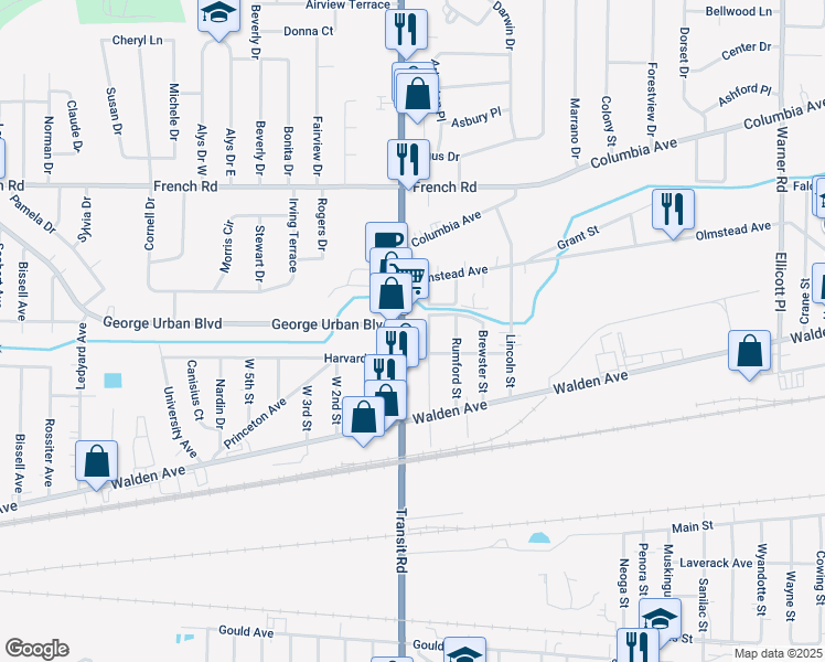 map of restaurants, bars, coffee shops, grocery stores, and more near 98 Tyler Street in Depew