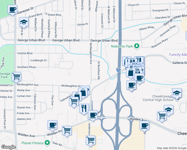 map of restaurants, bars, coffee shops, grocery stores, and more near 313 McNaughton Avenue in Buffalo