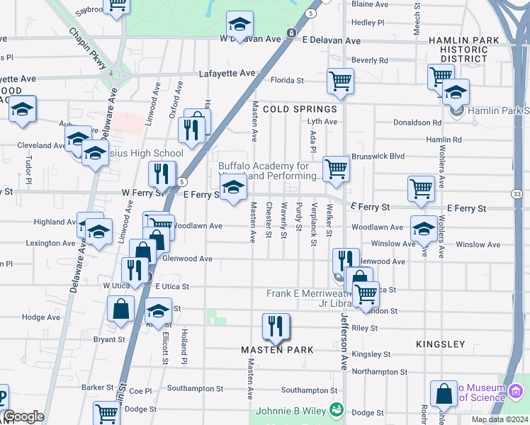 map of restaurants, bars, coffee shops, grocery stores, and more near 129 East Ferry Street in Buffalo