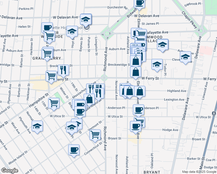 map of restaurants, bars, coffee shops, grocery stores, and more near 457 Richmond Avenue in Buffalo