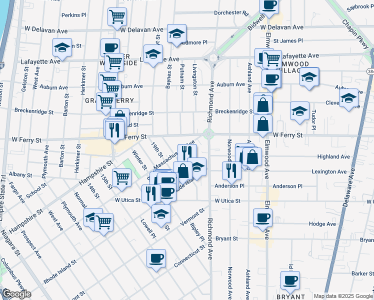 map of restaurants, bars, coffee shops, grocery stores, and more near 535 Massachusetts Avenue in Buffalo