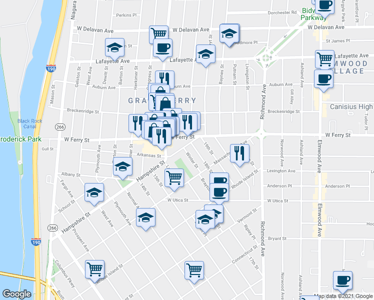 map of restaurants, bars, coffee shops, grocery stores, and more near 393 Hampshire Street in Buffalo