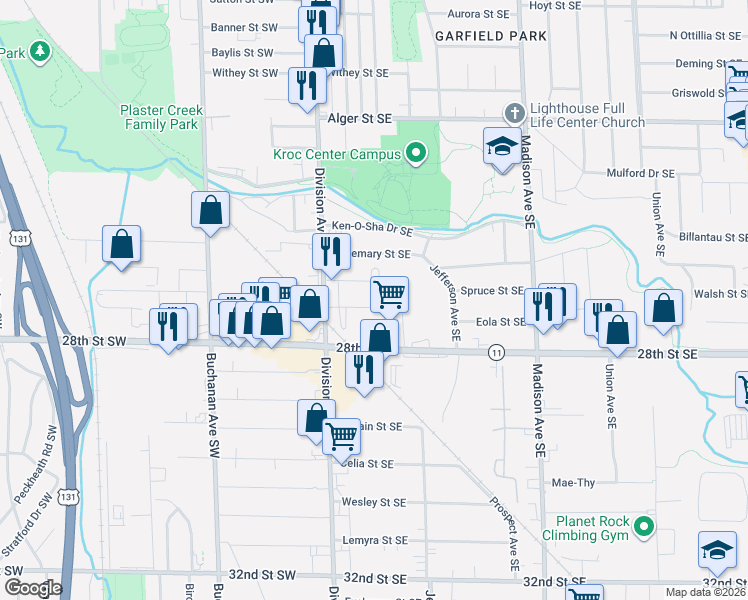 map of restaurants, bars, coffee shops, grocery stores, and more near 136 Meerse Street Southeast in Grand Rapids