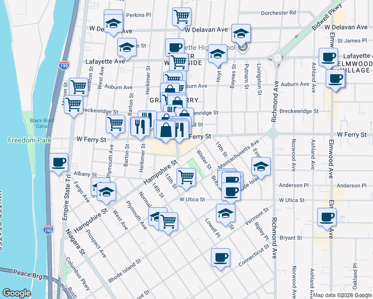 map of restaurants, bars, coffee shops, grocery stores, and more near 350 Hampshire Street in Buffalo