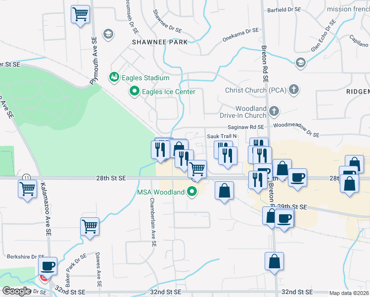 map of restaurants, bars, coffee shops, grocery stores, and more near 2745 Birchcrest Drive Southeast in Grand Rapids