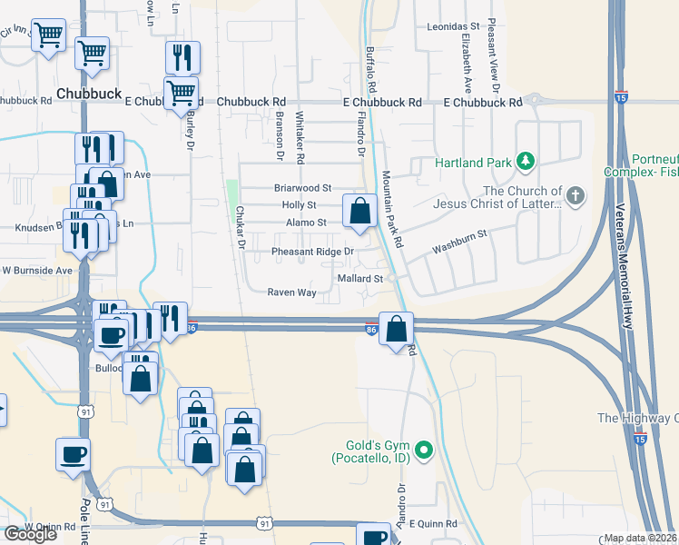 map of restaurants, bars, coffee shops, grocery stores, and more near 4497 Chukar Drive in Pocatello