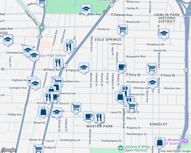 map of restaurants, bars, coffee shops, grocery stores, and more near 76 Chester Street in Buffalo